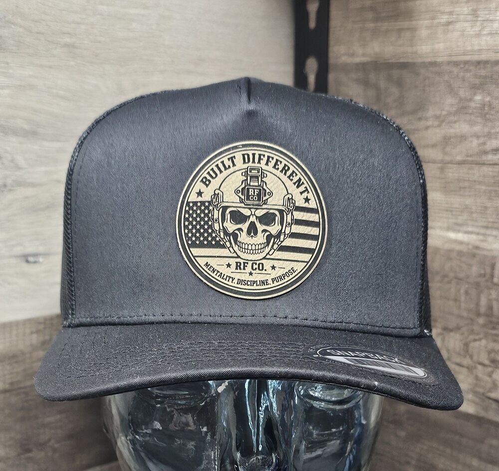 RF CO Built Different Leather Patch Hat Skull American Flag Snapback Cap